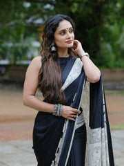 Women’s Ready to Wear Crape Silk Saree, Black Printed Stitched Saree