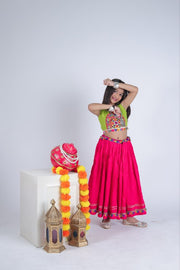 Girls Traditional Indian Lehenga Choli Set with Pink Flared Skirt and Green Embroidered Blouse