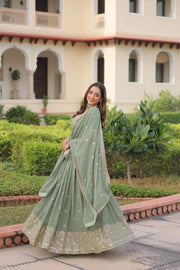 Women’s Sage Green Embroidered Lehenga Choli Set with Dupatta