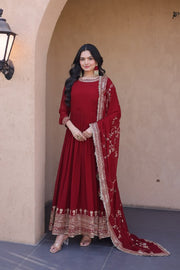 Women’s Red Embroidered Anarkali Suit with Dupatta, Floor Length Indian Ethnic Dress Set
