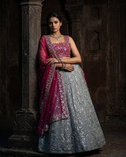 Women’s Magenta Pink & Silver Embroidered Lehenga Choli Set with Dupatta