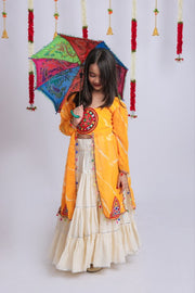 Women Girls Traditional Indian Lehenga Choli Set with Orange Embroidered Long Kurti
