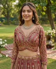 Women’s Maroon Butterfly Net Embroidered Lehenga Choli with Dupatta
