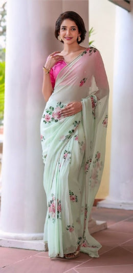 Women’s Ready to Wear Chiffon Silk Saree, Mint Green Floral Printed Stitched Saree