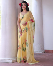 Women’s Ready to Wear Organza Saree, Yellow Floral Printed Stitched Saree