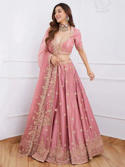 Women’s Dusty Rose Pink Embroidered Lehenga Choli Set with Dupatta