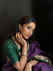 Purple and Green Silk Saree for Women with Traditional Jacquard Woven Design