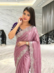 Women’s Dusty Pink Saree with Floral Embroidery Work Border and Embroidered Butta
