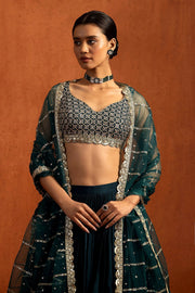 Women’s Dark Green Velvet Lehenga Choli Set with Embroidered Blouse and Net Dupatta