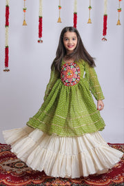 Women Girls Traditional Indian Lehenga Choli Set with Olive Green Bandhani Printed Top