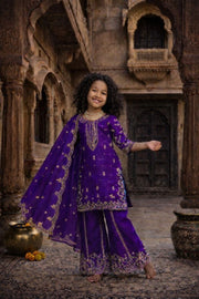 Girls Purple Embroidered Kurta Palazzo Set with Dupatta
