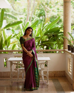 Wine Purple Silk Saree for Women with Green Contrast Border and Traditional Woven Design
