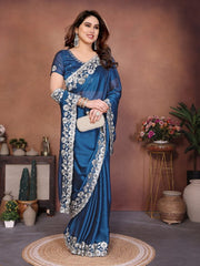 Women’s Saree with Floral Embroidery Border, Elegant Indian Traditional Look
