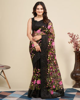 Indian Floral Embroidered Saree for Women with Lace Border