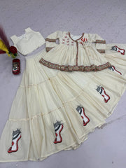 Women’s White Traditional Indian lengha choli with Embroidered Border and Printed Ethnic Motifs