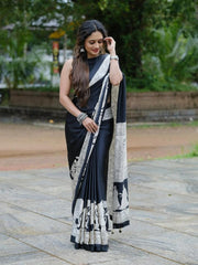 Women’s Ready to Wear Crape Silk Saree, Black Printed Stitched Saree