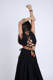 Indian Lehenga Choli Set, Black Flared Lehenga Skirt with Colorful Embroidered Border