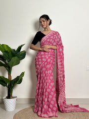 Women’s Ready to Wear Mul Cotton Saree with Pocket, Pink Printed Stitched Saree