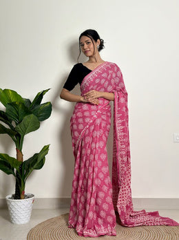 Women’s Ready to Wear Mul Cotton Saree with Pocket, Pink Printed Stitched Saree