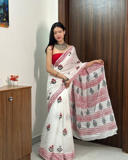 Women’s Cotton Saree with Floral Print and Geometric Border, Traditional Indian Saree
