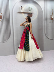 Women’s Bandhani Lehenga Choli with Kutchi Mirror Work