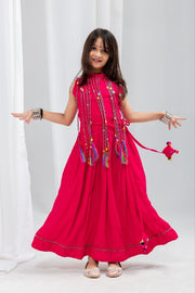 Indian Ethnic Dress, Pink Sleeveless Anarkali Style Maxi Dress with Multicolor Tassel