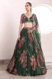Women’s Green Floral Printed Embroidered Lehenga Choli with Dupatta