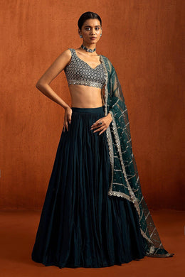 Women’s Dark Green Velvet Lehenga Choli Set with Embroidered Blouse and Net Dupatta
