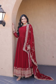 Women’s Red Embroidered Anarkali Suit with Dupatta, Floor Length Indian Ethnic Dress Set