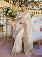 Rust Orange and Off White Embroidered Designer Saree – Indian Wedding Guest & Party Wear Saree