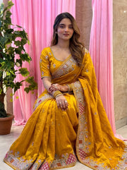 Ivory Tissue Silk Saree – Heavy Embroidered Indian Wedding & Party Wear Saree