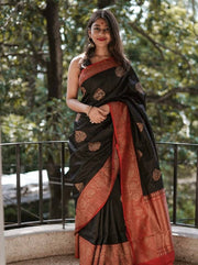 Black Silk Saree for Women with Gold Butti Design and Rich Red Jacquard Zari Border