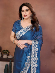 Women’s Saree with Floral Embroidery Border, Elegant Indian Traditional Look