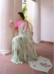 Women’s Ready to Wear Chiffon Silk Saree, Mint Green Floral Printed Stitched Saree