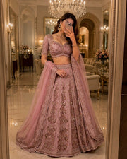 Women’s Pink Butterfly Net Embroidered Lehenga Choli with Dupatta