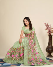 Indian Floral Embroidered Saree for Women with Lace Border