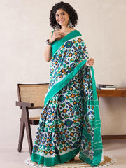 Women’s Green Printed Mul Cotton Ready to Wear Saree with Pocket