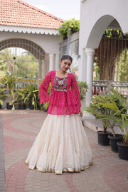 Women’s Embroidered Black Peplum Kurti with White Flared Lehenga Skirt