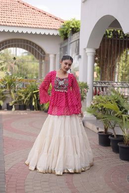 Women’s Embroidered Black Peplum Kurti with White Flared Lehenga Skirt