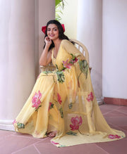 Women’s Ready to Wear Organza Saree, Yellow Floral Printed Stitched Saree