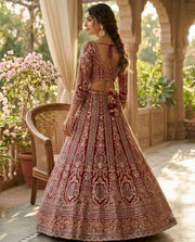Women’s Maroon Butterfly Net Embroidered Lehenga Choli with Dupatta