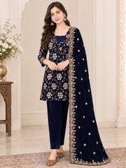 Women’s Navy Blue Embroidered Velvet Kurta Pant Set with Dupatta