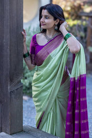 Mint Green and Purple Soft Silk Saree for Women with Contrast Woven Border