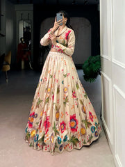 Women’s Cream Floral Printed Lehenga Choli Set with Dupatta