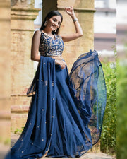 Women’s Navy Blue Embroidered Lehenga Choli Set with Dupatta