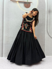 Women’s Black Lehenga Choli Set, Traditional Indian Ethnic Wear with Embroidered Mirror Work