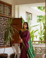 Wine Purple Silk Saree for Women with Green Contrast Border and Traditional Woven Design