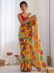 Bandhani Print Saree for Women with White Traditional Pattern and Piping Border