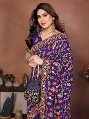 Women with Floral Embroidery Work and Designer Border, Elegant Indian Traditional Saree