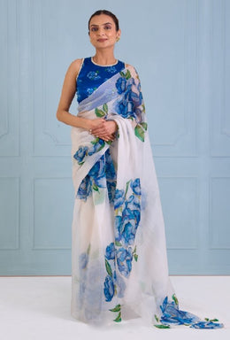 Women’s White Organza Silk Saree with Blue Floral Print